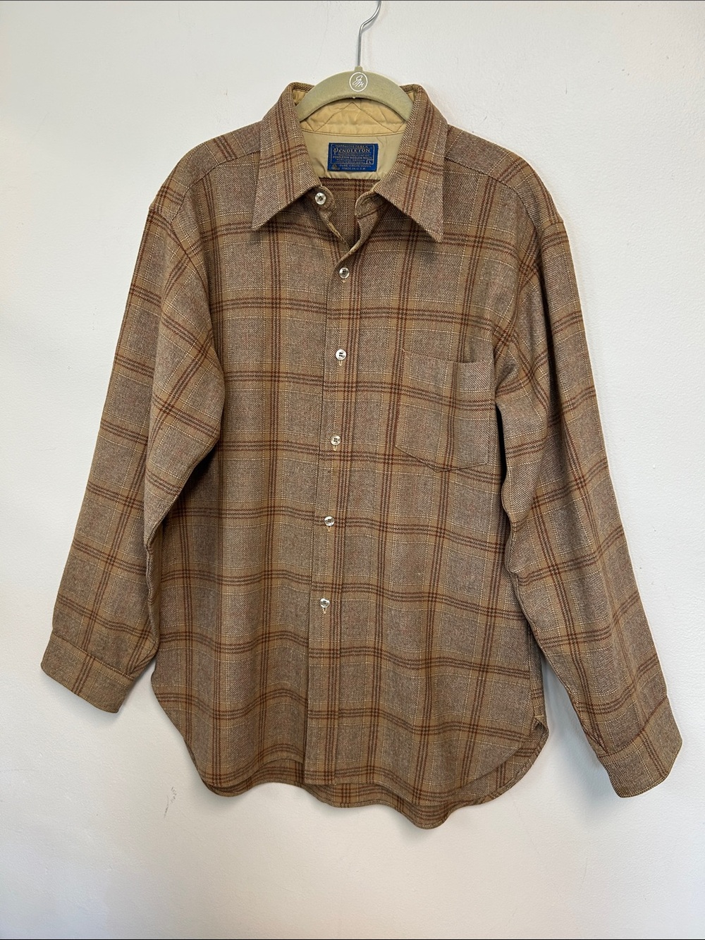 Pendleton Vintage Outdoor 100% Virgin Wool Blue Label Brown Plaid Shirt Mens L